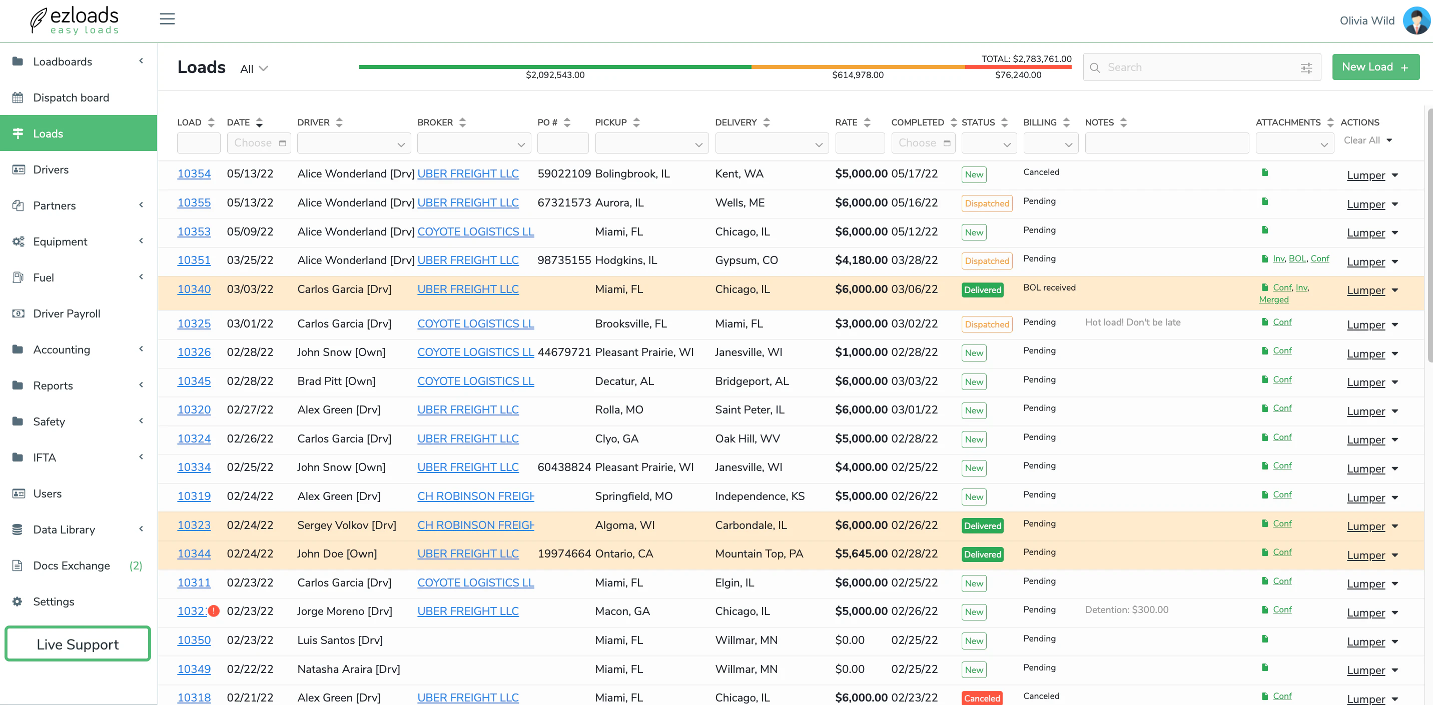 screenshot of ezLoads TMS and Driver App